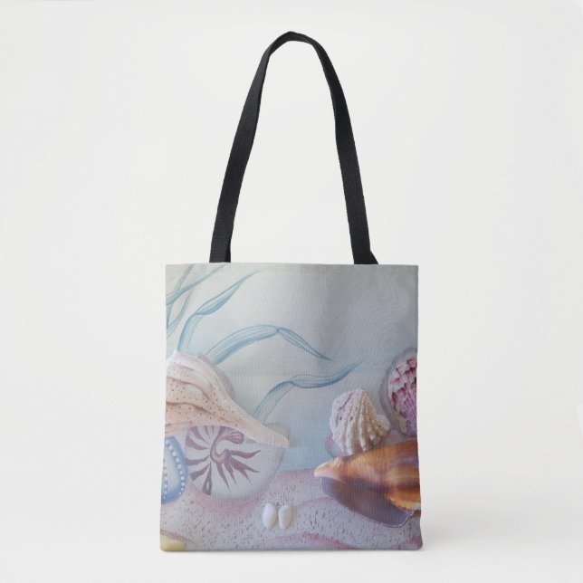 Seashells on an all-over printed tote bag (Front)