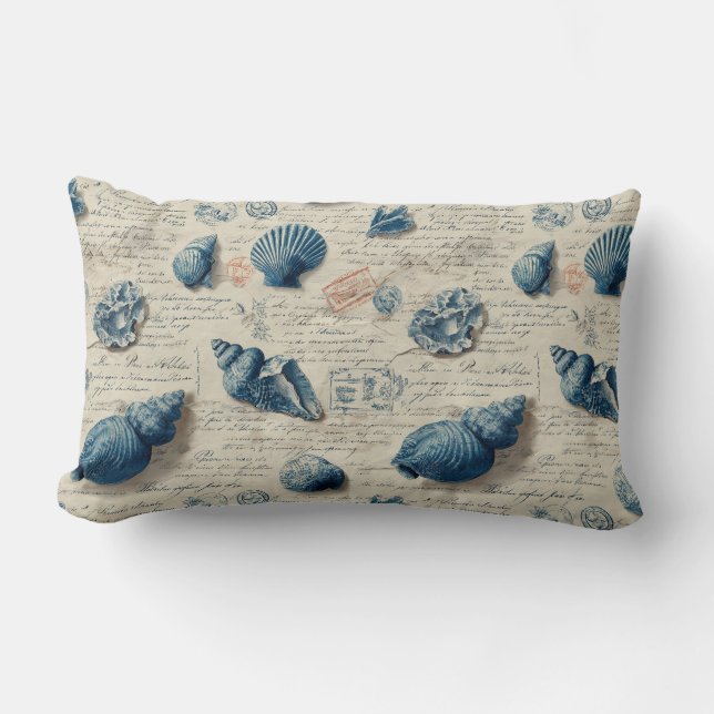 Seashells On French Script Parchment Lumbar Cushion (Front)
