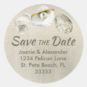 Seashells on Shimmering Silver Save the Date Classic Round Sticker