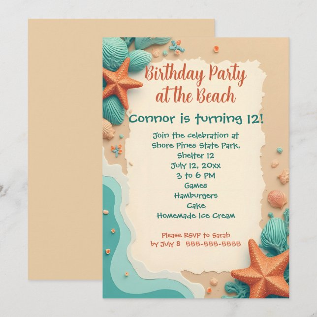 Seashells on the Shore Tween Beach Theme Birthday Invitation (Front/Back)