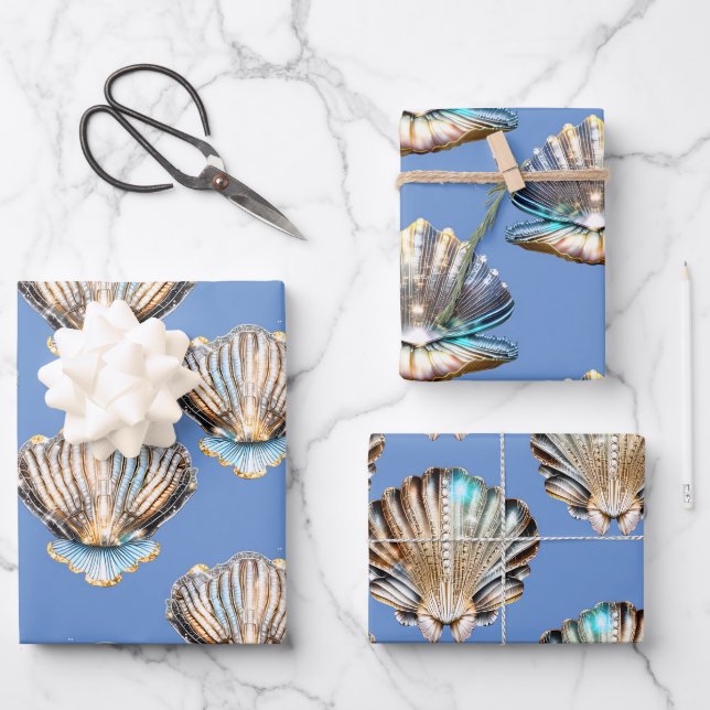 Seashells oyster pearl silver shine beach pattern wrapping paper sheet (Front)