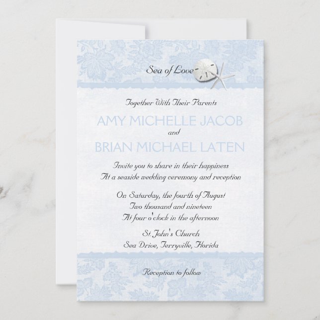 Seashells Pale Blue Floral Lace Beach Wedding Invitation (Front)