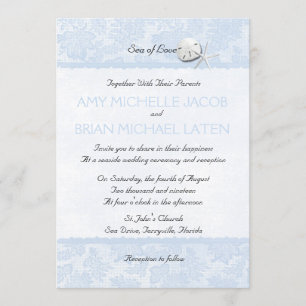 Seashells Pale Blue Floral Lace Beach Wedding Invitation