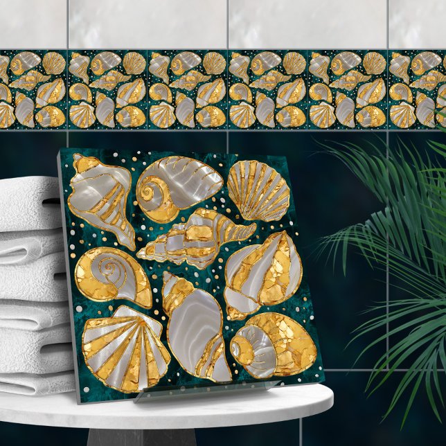 Seashells pattern - aqua marble, pearl and gold ceramic tile (Creator Uploaded)