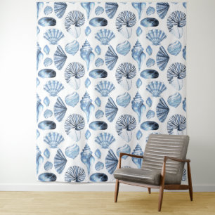 Seashells Pattern in Blue Beach House Tapestry