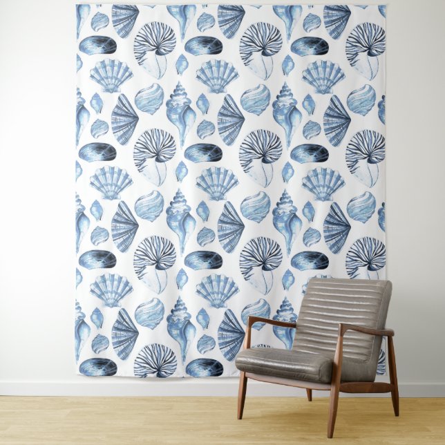 Seashells Pattern in Blue Beach House Tapestry (In Situ)