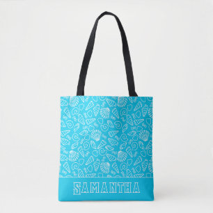 Seashells Pattern on Bright Blue Personalised Tote Bag