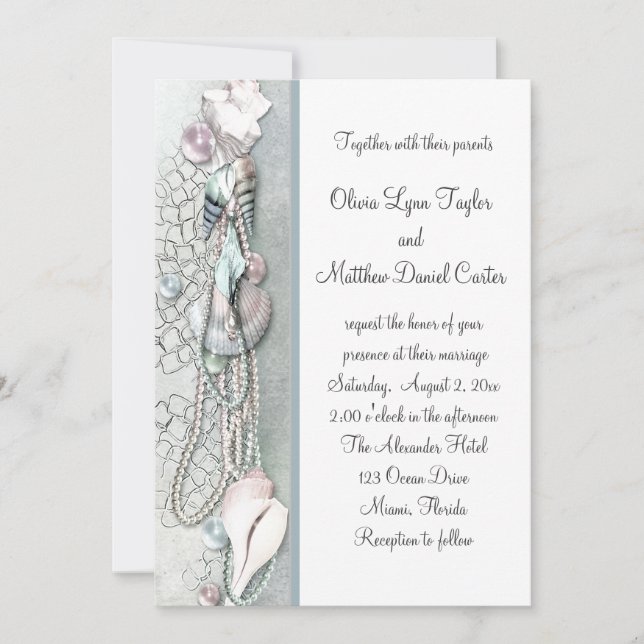 Seashells Pearls Beach Wedding invitations (Front)