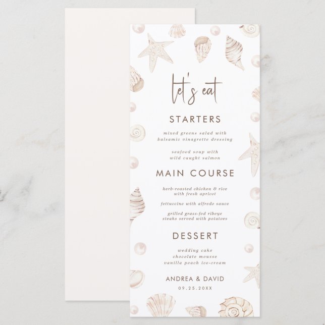 Seashells & Pearls Coastal Beach Seafront Wedding  Menu (Front/Back)