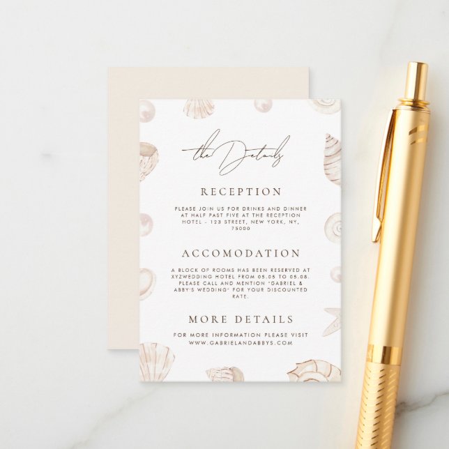 Seashells & Pearls Coastal Beach Wedding Details Enclosure Card (Front/Back In Situ)