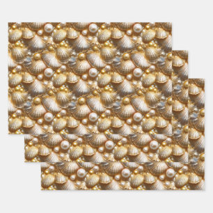 Seashells pearls gold pearl lustre clam shell wrapping paper sheet