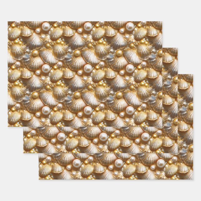 Seashells pearls gold pearl lustre clam shell wrapping paper sheet (Set)