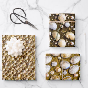 Seashells pearls sandy beach shells gold shimmer wrapping paper sheet