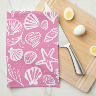 Seashells Pink Pattern Beach Shells Chic Tea Towel