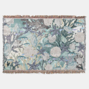 Seashells Sanddollars Starfish Coral Teal Grey Throw Blanket
