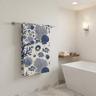 Seashells Sea-fan Corals Vintage Distressed Ivory  Bath Towel Set