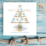 Seashells & Sea Glass | Coastal Christmas Tree Holiday Card<br><div class="desc">Coastal theme Christmas card features a watercolor abstract beach with starfish and sand dollar seashells,  sea glass,  nautical rope,  string lights and ocean pilings in the shape of a Christmas tree,  with a "season's greetings" caption.</div>