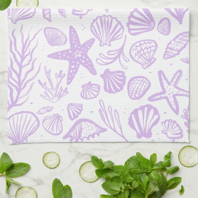 Seashells Sea Lavender Pattern Beach Shells Chic  Tea Towel (Folded)