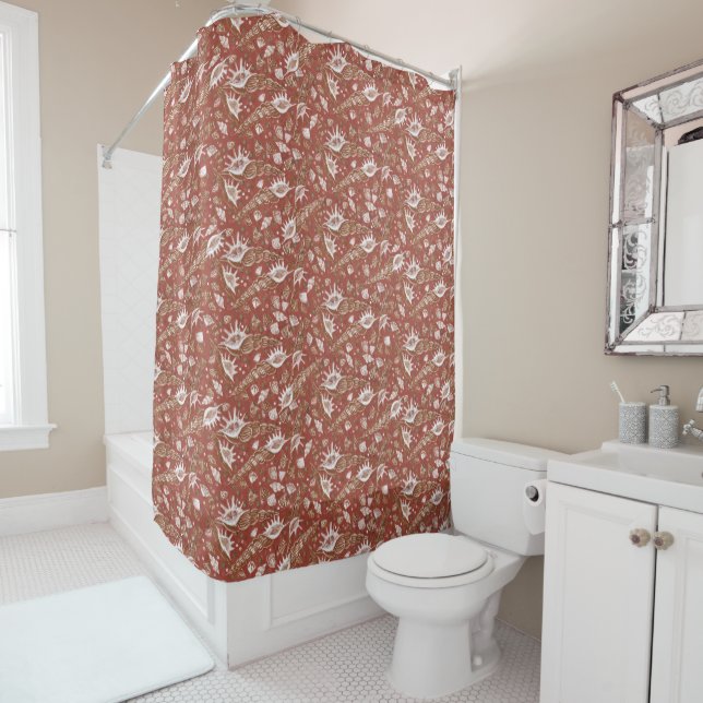 Seashells Sea Shells Nautical Pattern Terracotta Shower Curtain (In Situ)