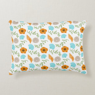 Seashells Sea Snail Orange Flower Green Leaves Decorative Cushion