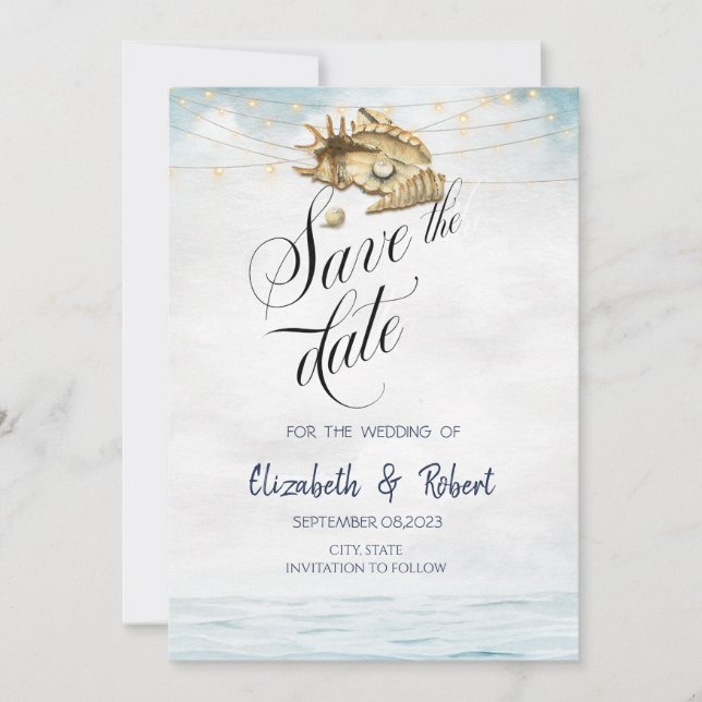 Seashells,Sea,String Lights  Save The Date (Front)