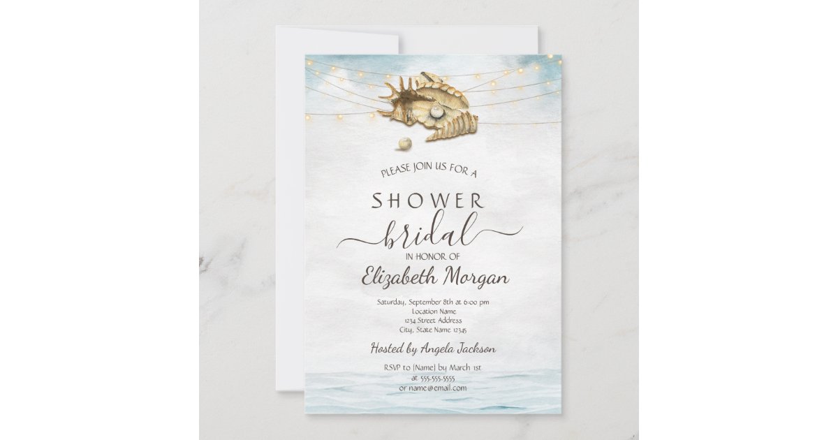 Seashells,Sea,String Lights Script Bridal Shower Invitation | Zazzle