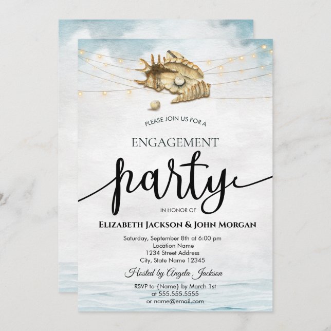 Seashells,Sea,String Lights Script Engagement  Invitation (Front/Back)