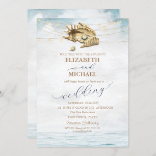 Seashells,Sea,String Lights Script Wedding Invitation
