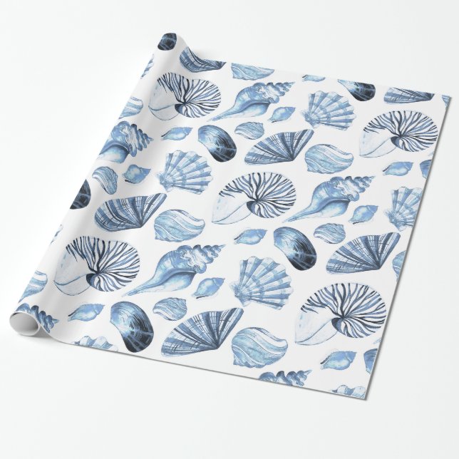 Seashells Seamless Pattern in Blue Wrapping Paper (Unrolled)