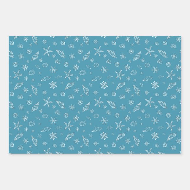 Seashells & Snowflakes in Blue Wrapping Paper Sheet (Front)