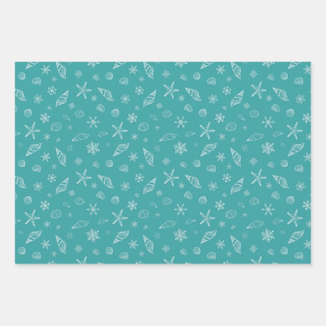 Seashells & Snowflakes with Sea Green Wrapping Paper Sheet (Front)