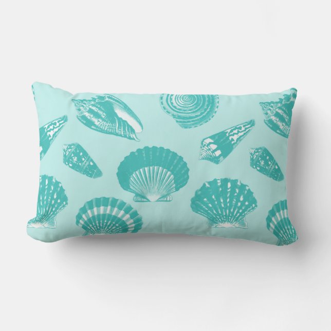 Seashells - soft aqua and white lumbar cushion (Front)