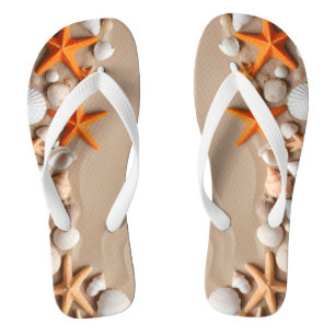 Seashells, starfish, and pebbles on a sandy beach  thongs