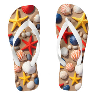  Seashells, starfish, and pebbles on a sandy beach Thongs