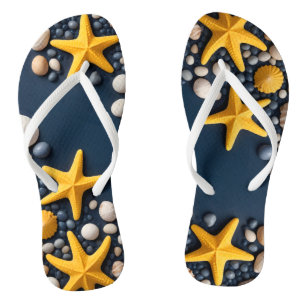  Seashells, starfish, and pebbles on a sandy beach Thongs