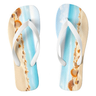Seashells, starfish, and pebbles on a sandy beach  thongs