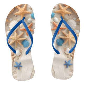 Seashells, starfish, and pebbles on a sandy beach  thongs