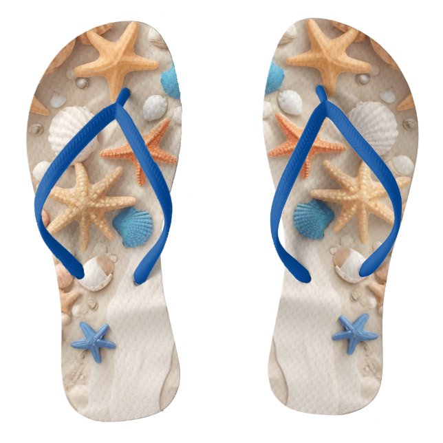 Seashells, starfish, and pebbles on a sandy beach  thongs (Footbed)