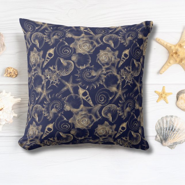 Seashells Starfish Blue Ocean Coastal Beach House  Cushion (Seashells and Starfish Blue Ocean Coastal Beach House Throw Pillow)
