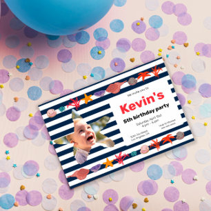 Seashells, Starfish & Coral on Nautical Stripes Invitation