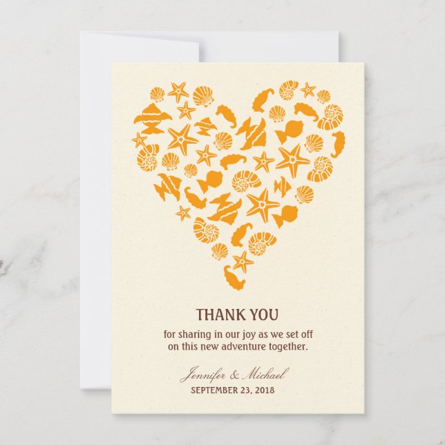 Seashells & Starfish Heart Summer Beach Wedding Thank You Card (Front)