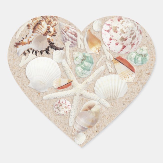 Seashells & Starfish on the Beach Wedding Heart Sticker (Front)
