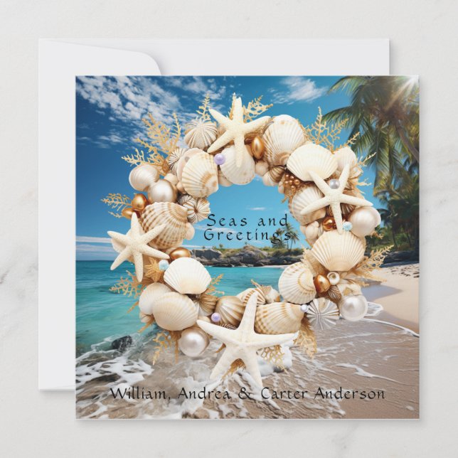  Seashells Starfish Pearls Palm Trees Christmas   Holiday Card (Front)