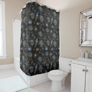 Seashells Starfish Watercolor Midnight Blue ID782 Shower Curtain