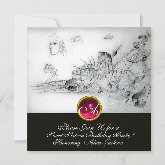 SEASHELLS SWEET 16 ,Ruby Monogram Black Silver Invitation (Front)