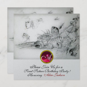 SEASHELLS SWEET SIXTEEN PARTY,Ruby Monogram Silver Invitation