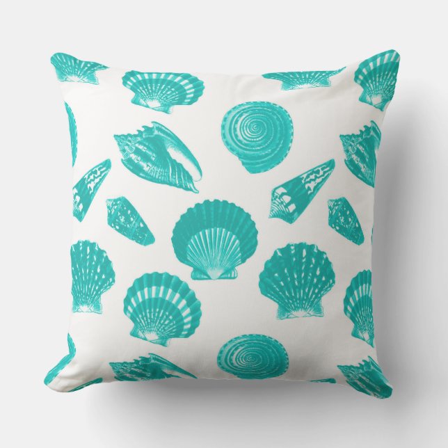 Seashells - Turquoise on a White Background Cushion (Front)