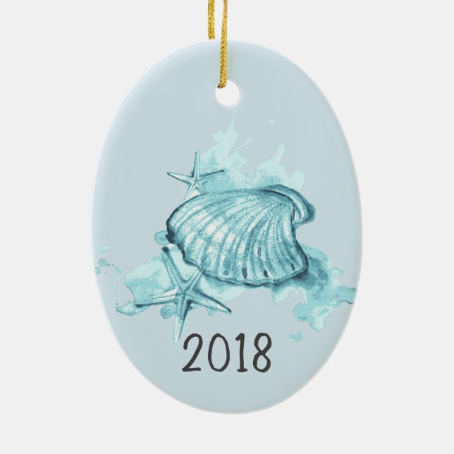 Seashells Watercolor Keepsake Year Ceramic Ornament (Back)