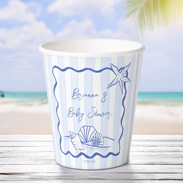 Seashells wavy border blue stripes baby shower paper cups (Seashells wavy border blue stripes beach nautical baby shower personalized paper cups)