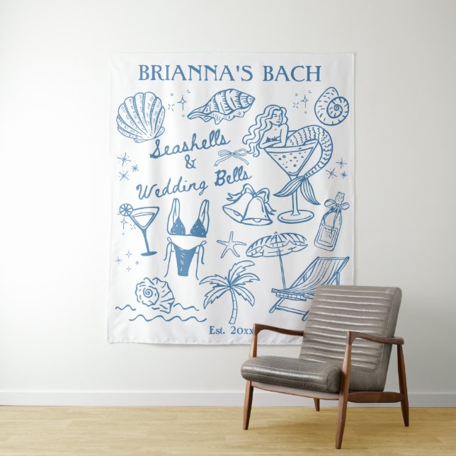 Seashells wedding bells bachelorette backdrop tapestry (In Situ)